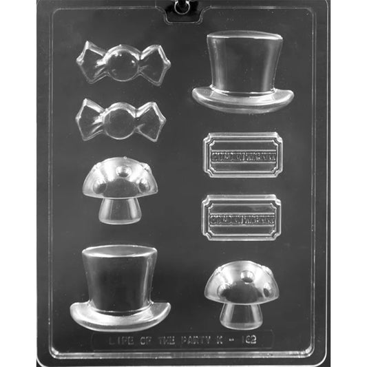 Candymaker chocolate mold with eight cavities featuring top hats, mushrooms, wrapped candies, and Golden Tickets