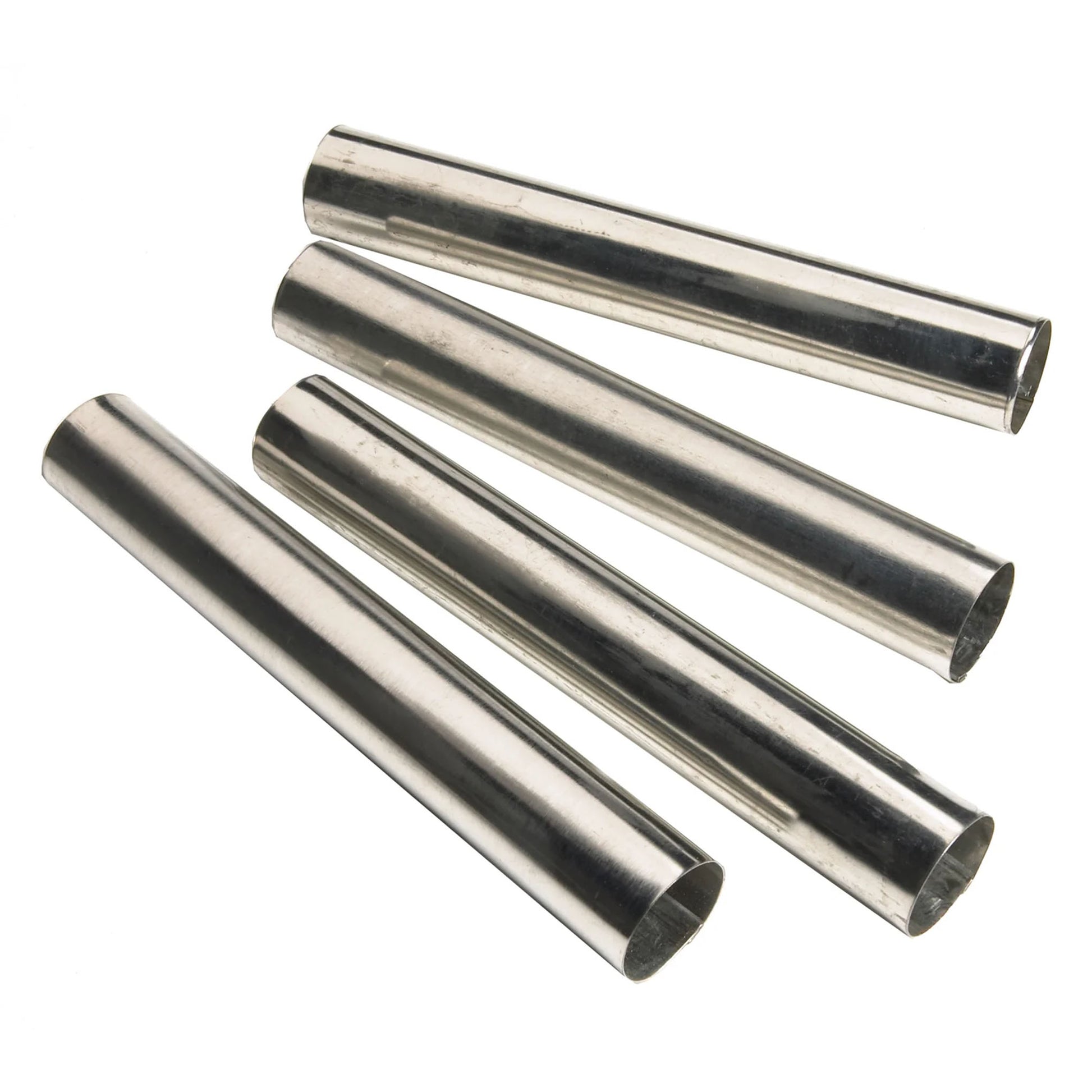 Four shiny metal cannoli forms shown as hollow cylindrical tubes arranged on a white background.