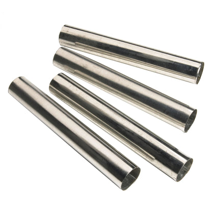 Four shiny metal cannoli forms shown as hollow cylindrical tubes arranged on a white background.