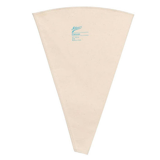 Ateco natural canvas decorating and piping bag with tapered shape, stitched edges, hemmed tip, and blue Ateco logo