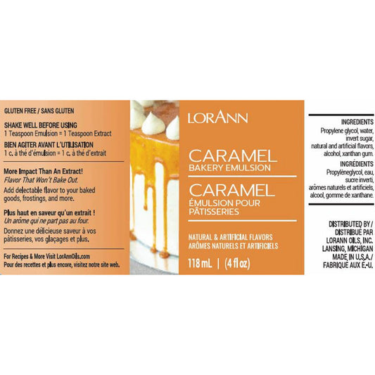 LorAnn Caramel Bakery Emulsion product label featuring a white frosted cake dripping with golden caramel. The orange label highlights its use in frostings and baked goods, with natural and artificial flavors listed in the ingredients.