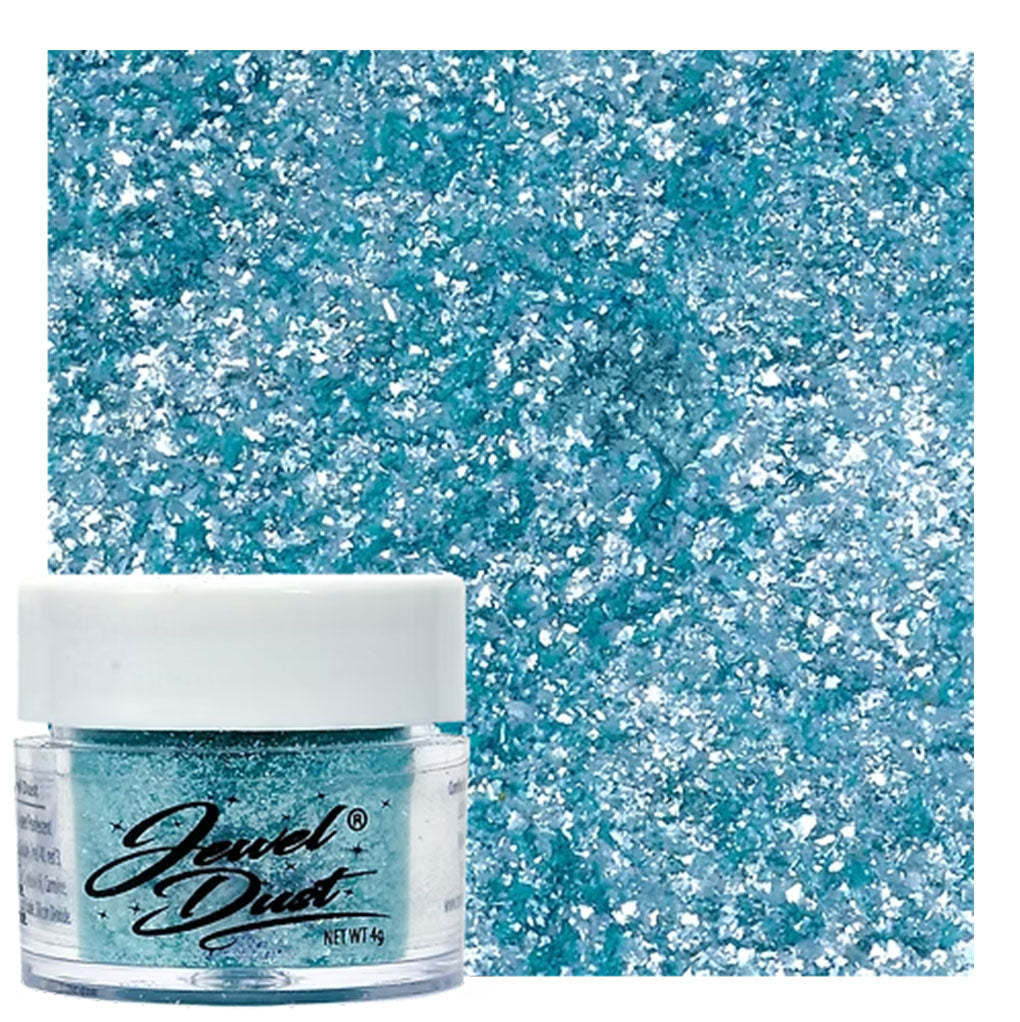 Caribbean Dust edible glitter jar with icy blue shimmer swatch for decorating cakes, drinks, and desserts.