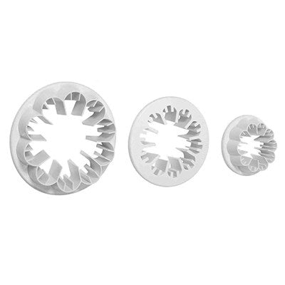 Set of three round plastic carnation cutters in small, medium, and large sizes, designed for shaping fondant or gumpaste flowers.