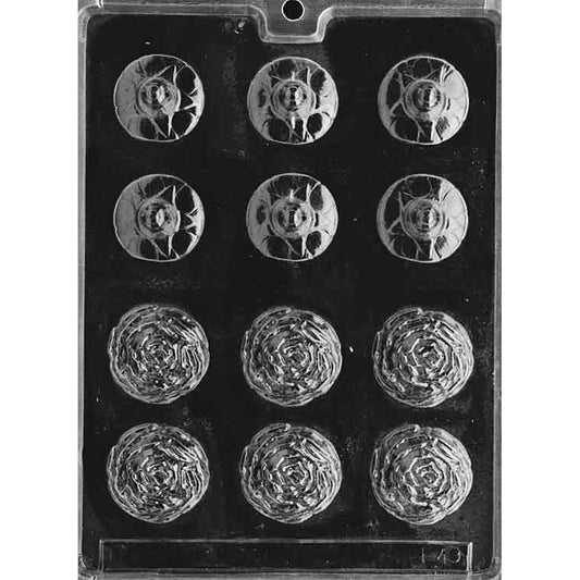 Clear plastic chocolate lollipop mold with carnation blossom cavities and matching backing pieces for making 3D flower-shaped chocolate pops.