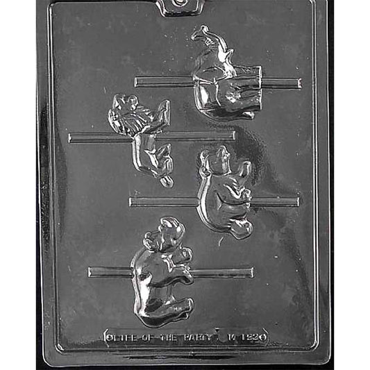 Clear Carousel Wild Animals Chocolate Mold with four animal cavities including a lion, rhino, bear, and elephant, each designed with a channel for a lollipop stick.