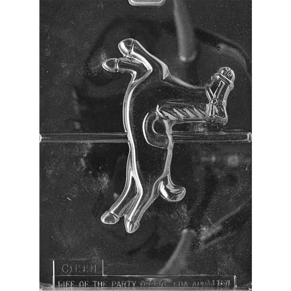 Clear Large Carousel Horse Chocolate Mold photographed against a black background with one detailed prancing horse cavity featuring a mane, saddle, harness, and raised leg.
