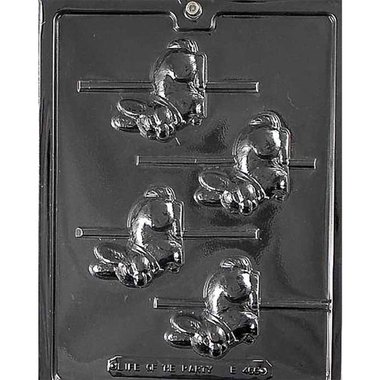 Clear plastic Carousel Rabbits Chocolate Mold with four matching rabbit cavities featuring carousel poles and raised decorative details