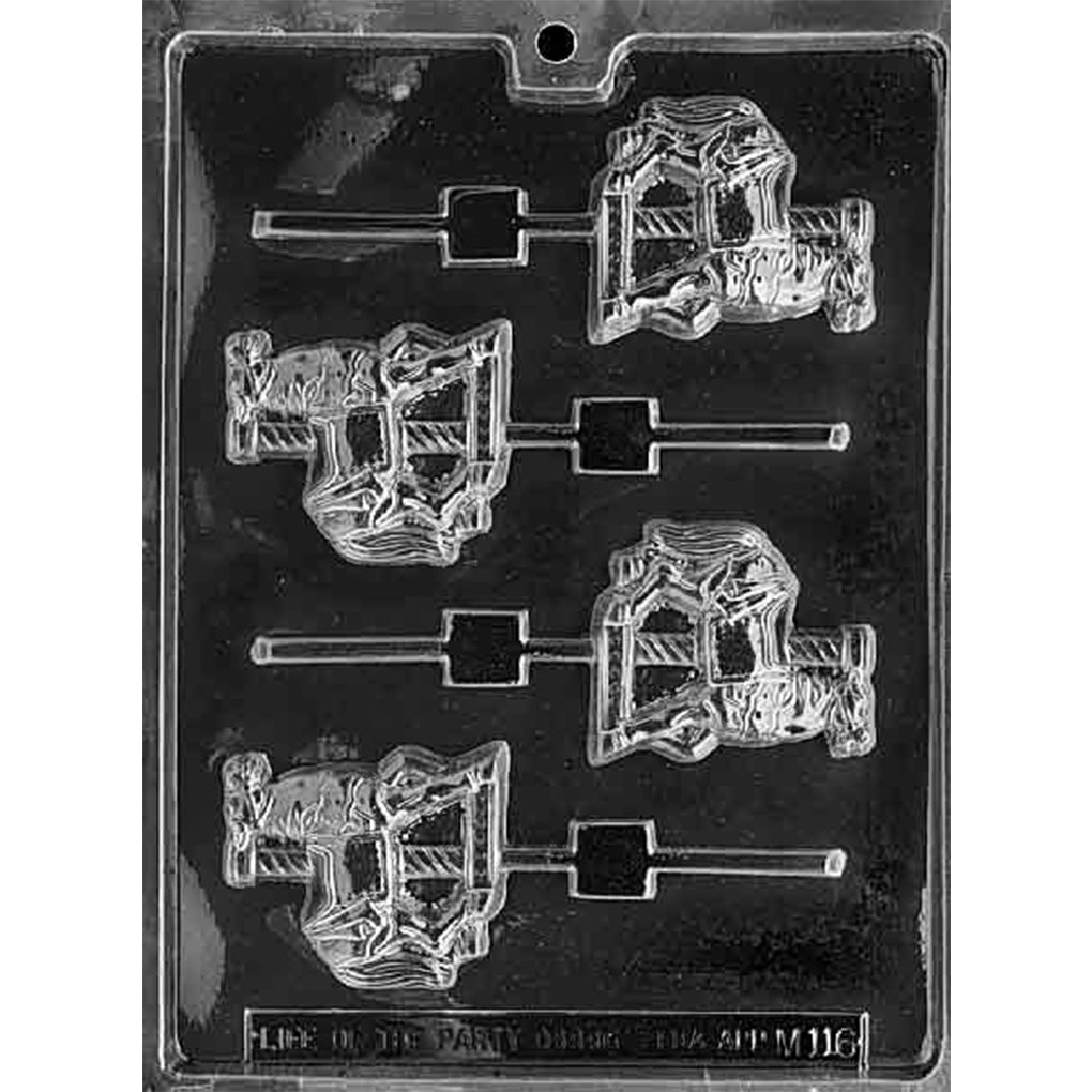 Clear Carousel Horse Lolly Chocolate Mold with four decorated horse cavities featuring saddles, flowing manes, carousel poles, and stick slots