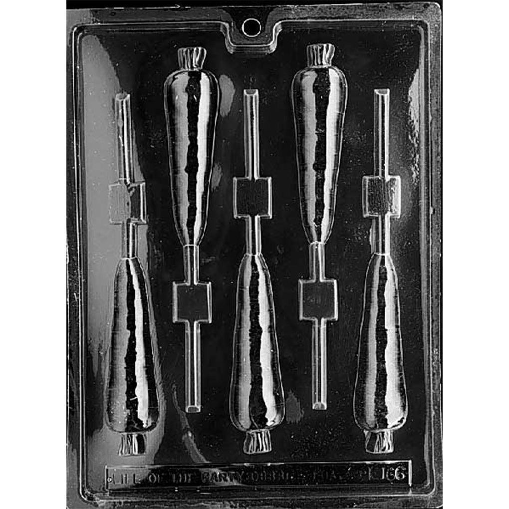 Clear plastic chocolate lollipop mold with six carrot-shaped cavities featuring tapered bodies and small leafy tops, each cavity aligned with a stick channel on a dark background.