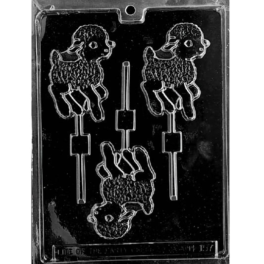 Clear plastic chocolate lollipop mold with three cartoon lamb cavities showing a fluffy, textured wool body, floppy ear, and small hooves, each connected to a stick channel on a dark background.
