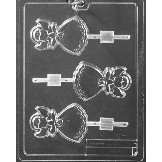 Clear plastic cartoon angel chocolate lollipop mold on dark background, showing three angels in dresses with folded hands and wings for Christmas candy making.