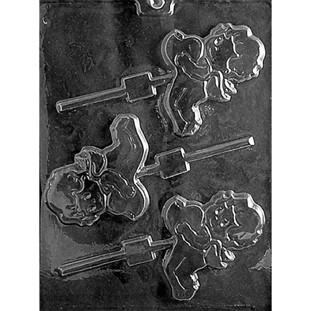 Clear plastic chocolate lollipop mold with three cavities shaped like a cartoon Cupid holding a heart.