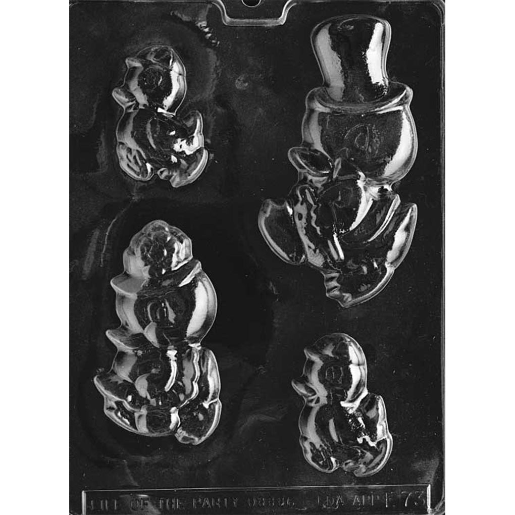 Cartoon duck family chocolate mold with four cavities on a dark plastic tray, including a large duck dad in a top hat and cane, a duck mom with a flowered hat and dress, and two small ducklings.