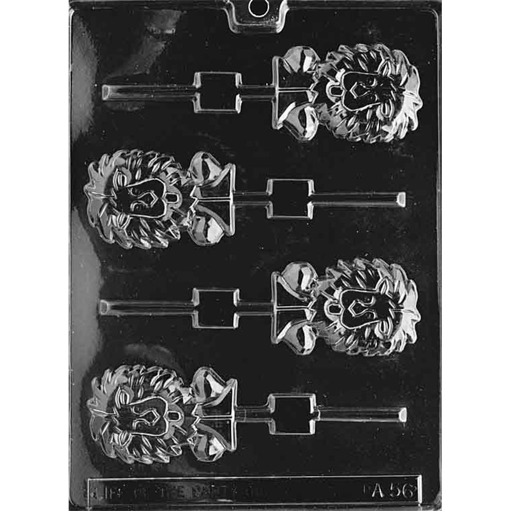 Clear plastic chocolate lollipop mold with four cartoon lion cavities featuring a detailed mane, rounded face, and small pawed body, each connected to lollipop stick channels on a dark background.