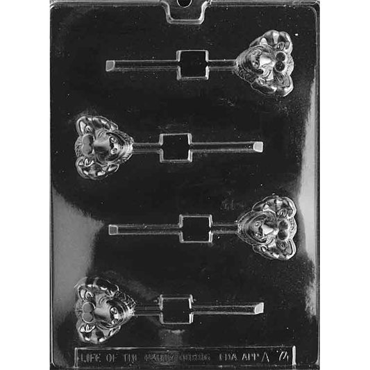 Clear plastic chocolate lollipop mold with four cartoon moose head cavities featuring wide antlers and a rounded muzzle, with stick channels for making moose chocolate pops.