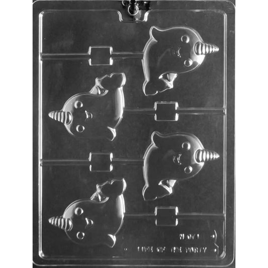 Clear plastic chocolate lollipop mold with cartoon narwhal cavities featuring rounded bodies, small fins, smiling faces, and spiral tusks.