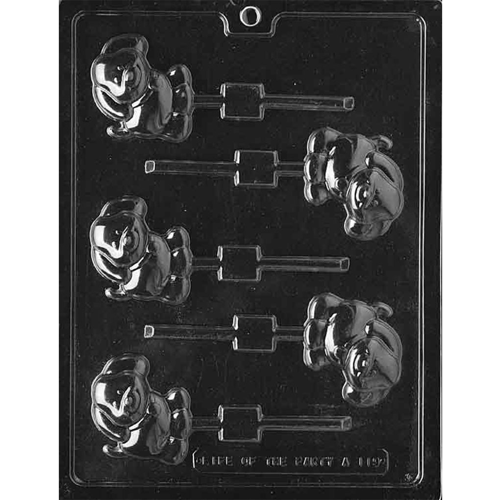 Clear chocolate lollipop mold with six seated cartoon puppy cavities featuring floppy ears and playful faces, each connected to a straight stick channel.