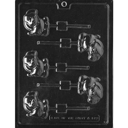 Clear chocolate lollipop mold with six seated cartoon puppy cavities featuring floppy ears and playful faces, each connected to a straight stick channel.