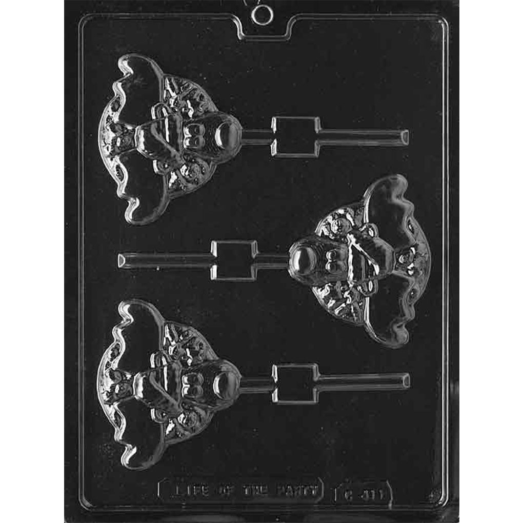 Clear plastic chocolate lollipop mold with three cartoon reindeer face cavities, each wearing a Santa stocking cap with antlers and a starry holiday background, plus stick channels.