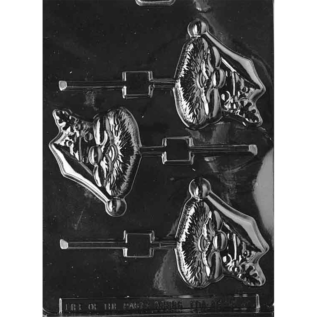 Clear plastic chocolate lollipop mold with three Santa face cavities featuring a cartoon-style Santa with hat, moustache, and textured beard, each connected to a stick channel; shown on a dark background.
