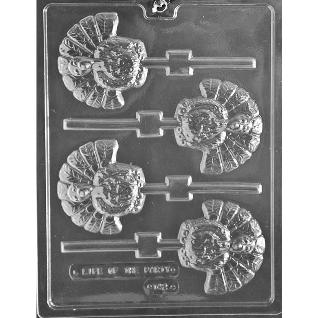 Clear plastic chocolate lollipop mold with four cavities shaped like a cartoon turkey sitting forward with a wide fanned tail and stick channels, shown on a dark background.
