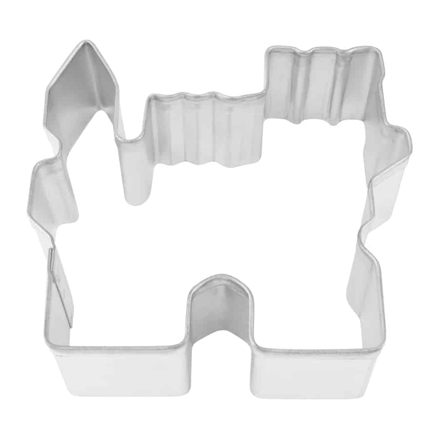 Metal castle cookie cutter with turrets and a battlement design, front view.