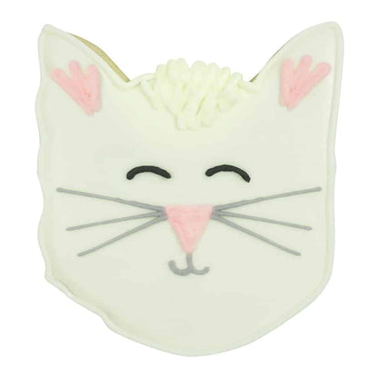 Decorated cat face cookie with white icing, pink and gray whiskers, and a smiling expression.