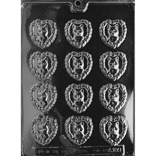 Clear plastic Love My Cat Chocolate Mold with 12 heart-shaped cavities featuring a detailed cat portrait and decorative scalloped border