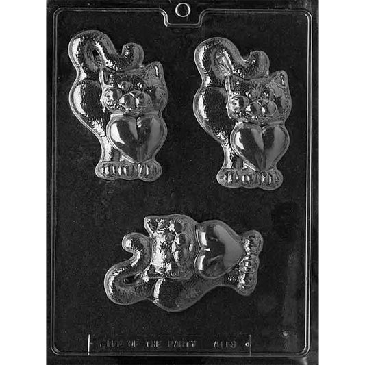 Clear chocolate mold with three seated cat-shaped cavities featuring pointed ears, large curled tails, small paws, and heart shapes on their chests.