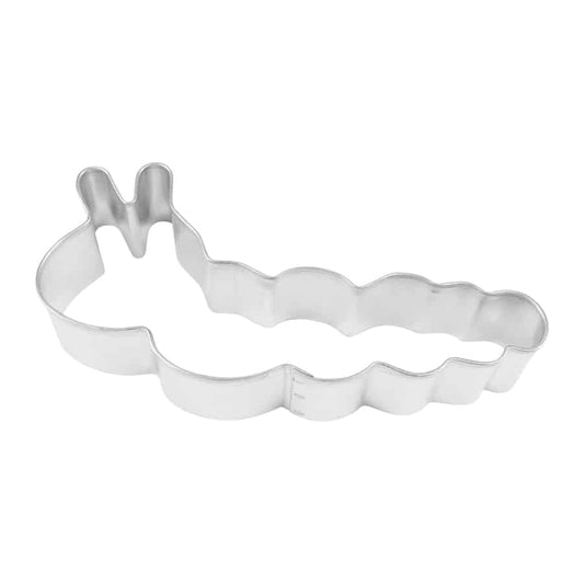 Metal cookie cutter shaped like a caterpillar with a segmented body and antennae, ideal for garden and nature-themed baking.