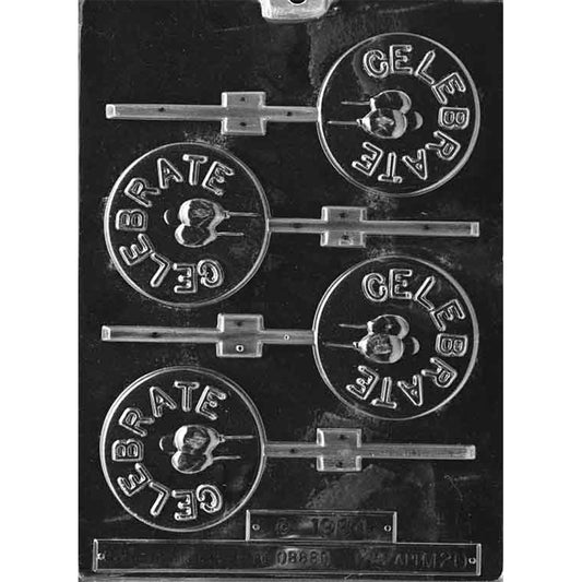 Clear plastic chocolate lollipop mold with four round cavities embossed with the word “Celebrate” and a small balloon detail in the center, each with a stick channel.