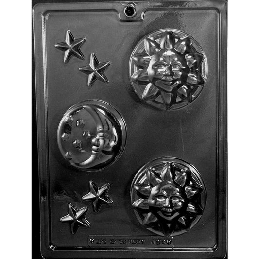 Plastic chocolate mold with two smiling sun faces, one crescent moon with star details, and four separate five-point stars in assorted celestial shapes