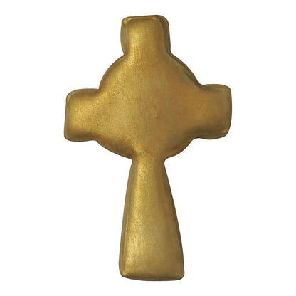 Decorated cookie in the shape of a Celtic Cross, coated in a smooth gold finish.