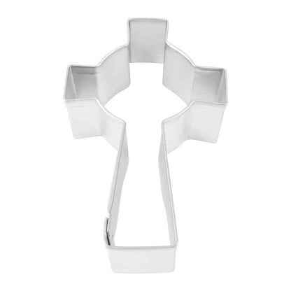 Top-down view of a Celtic Cross cookie cutter with squared edges and a long base.