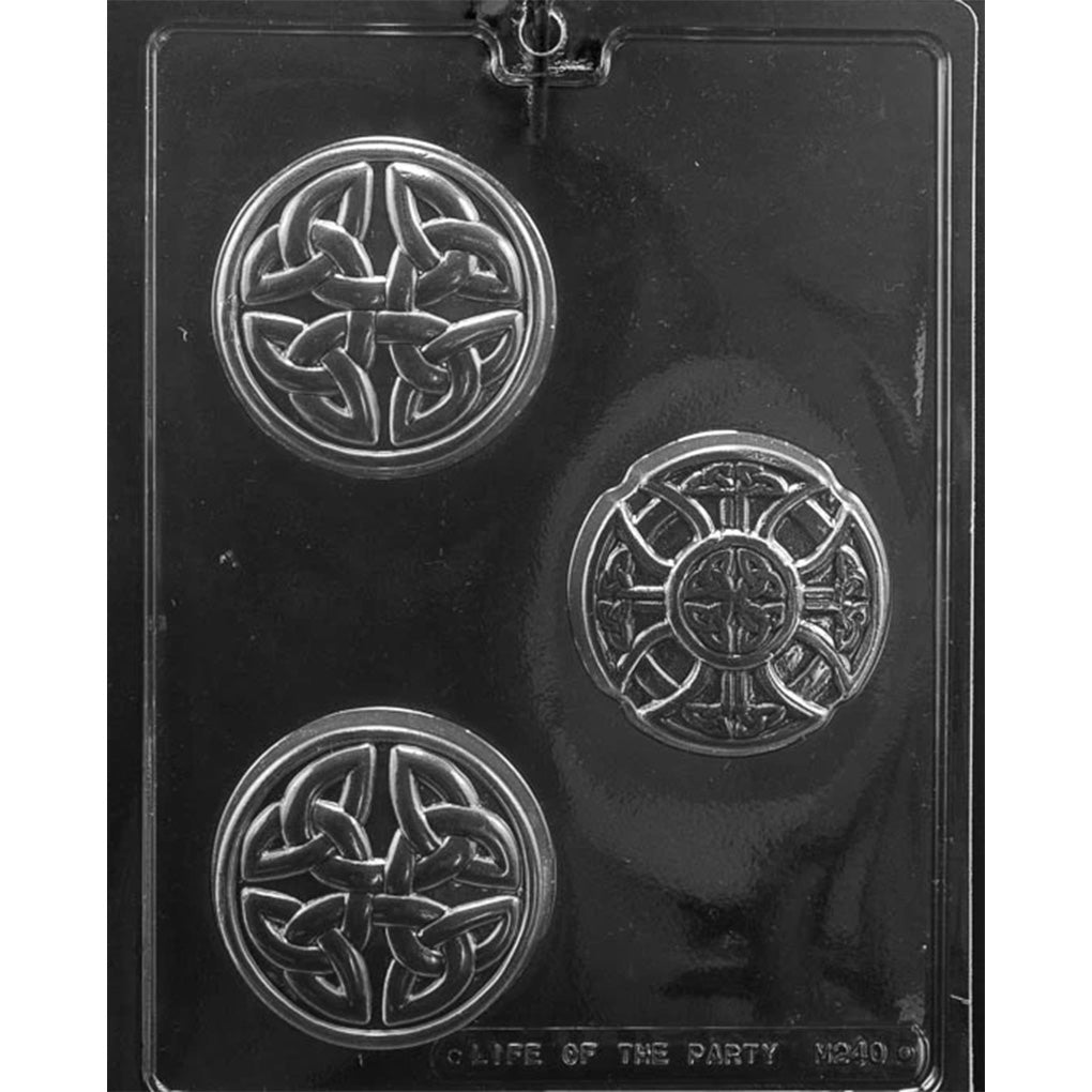 Celtic knot rounds chocolate mold with three round cavities, including two matching interlaced knots and one Celtic cross-style medallion