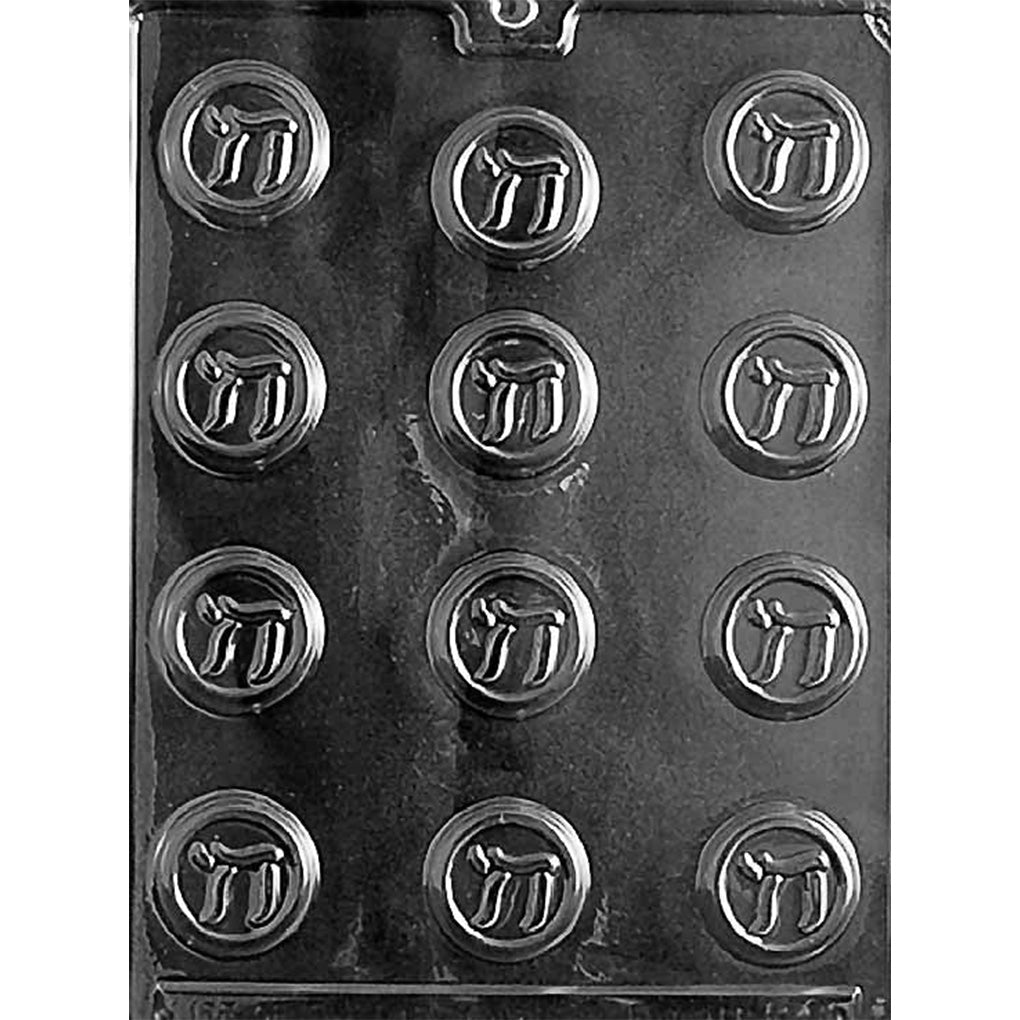 Black plastic chocolate mold with multiple small round cavities, each embossed with the Chai symbol for making Chai sign chocolates and candy toppers.