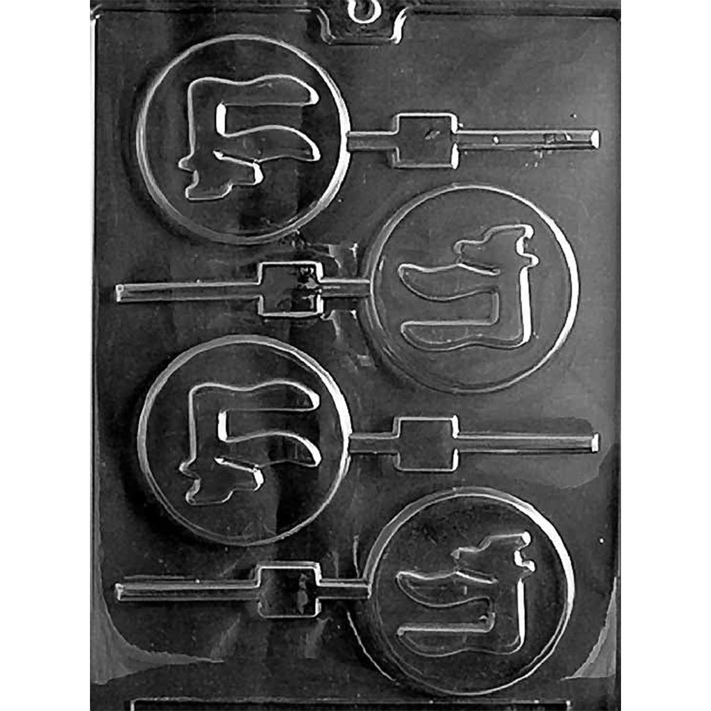 Clear plastic chocolate lollipop mold with four round cavities embossed with the Hebrew Chai symbol (חי) and stick channels, photographed on a dark background.