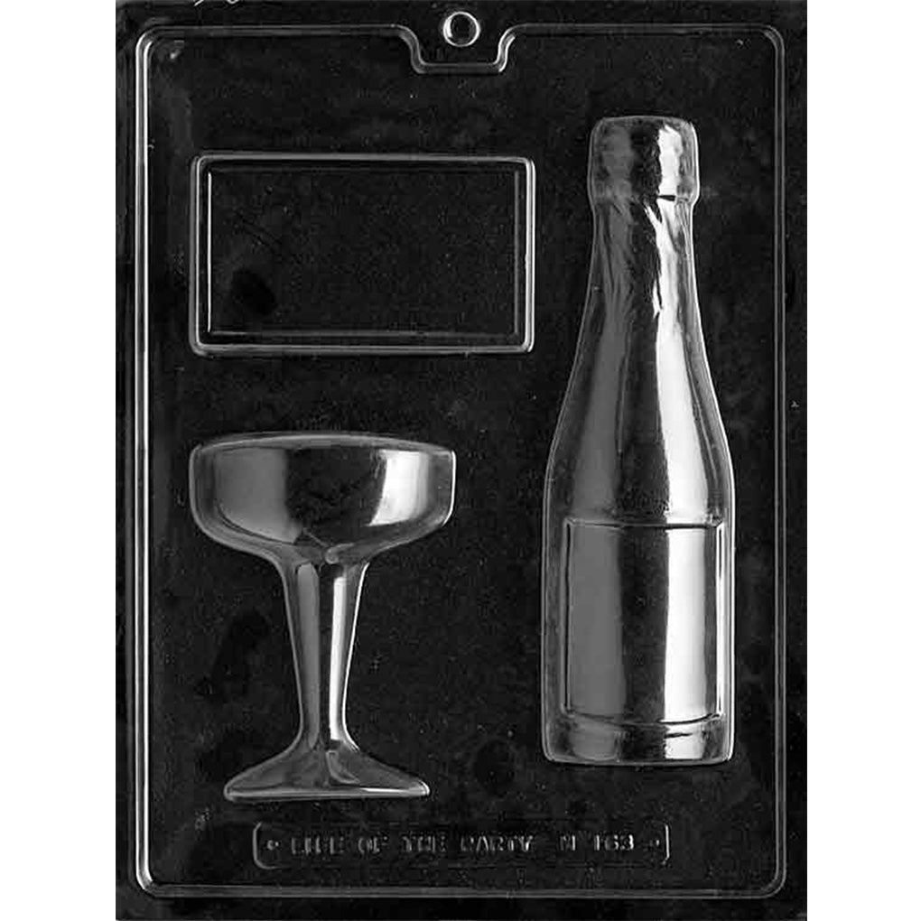 Clear chocolate mold with three cavities: a tall champagne-style bottle, a wide stemmed glass, and a blank rectangular plaque for adding a personalized chocolate message.