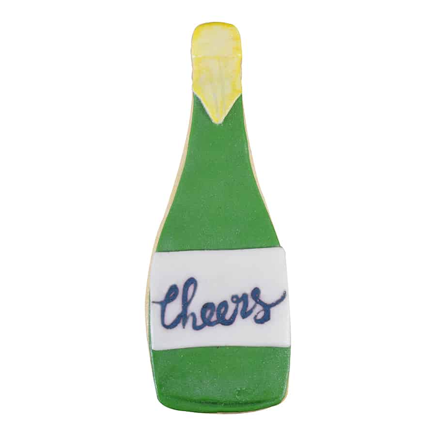 Decorated champagne bottle cookie with a green body, gold top, and "Cheers" written on the label.