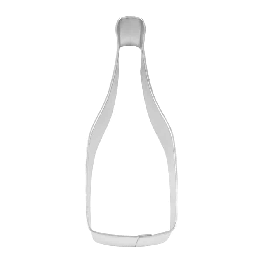 Champagne bottle-shaped metal cookie cutter, measuring 4.5 inches tall.