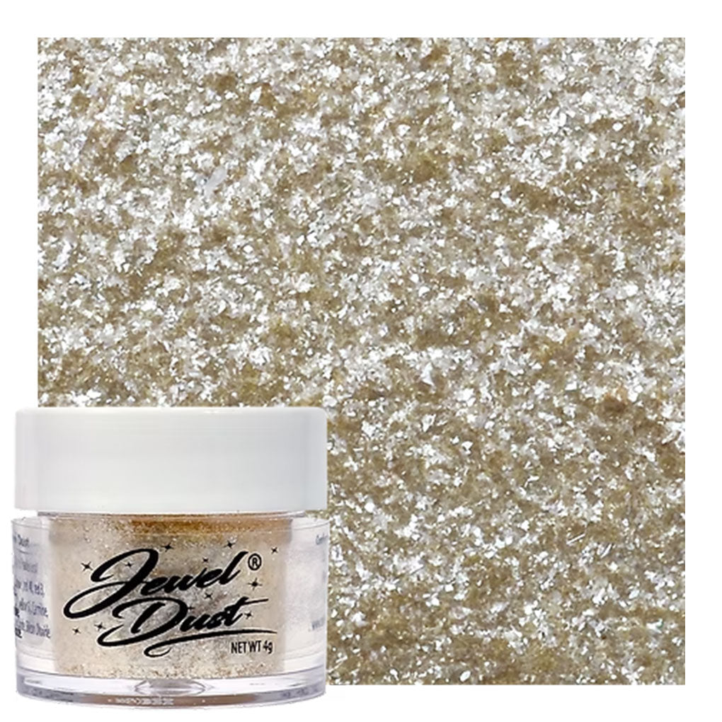 Champagne Jewel Dust edible glitter jar with silver-gold sparkle swatch for cakes, cookies, and desserts.