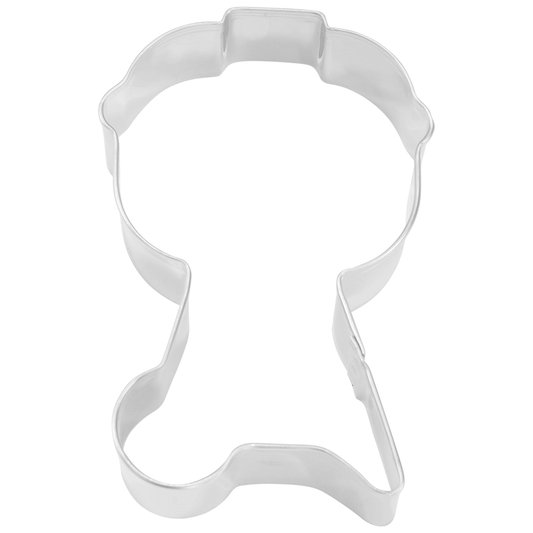 Top-down view of a grill-shaped cookie cutter with a rounded lid and tripod base.