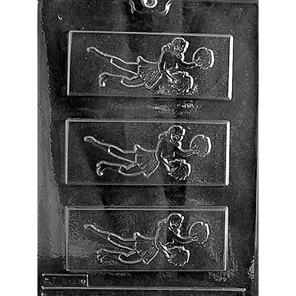 Three-cavity cheerleader chocolate bar mold with rectangular bars showing a cheerleader mid-leap with one leg extended, one bent, and pom-poms in both hands.