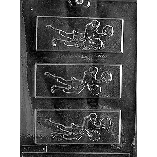 Three-cavity cheerleader chocolate bar mold with rectangular bars showing a cheerleader mid-leap with one leg extended, one bent, and pom-poms in both hands.