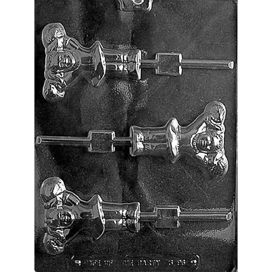 Three-cavity cheerleader chocolate lollipop mold with standing figures holding two raised pom-poms, detailed uniforms, flared skirts, shoes, and stick channels.