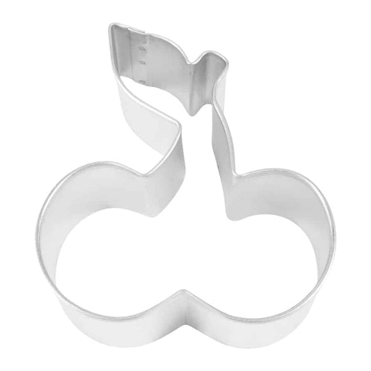 Cherry-shaped metal cookie cutter featuring a stem and leaf, designed for baking and decorating.