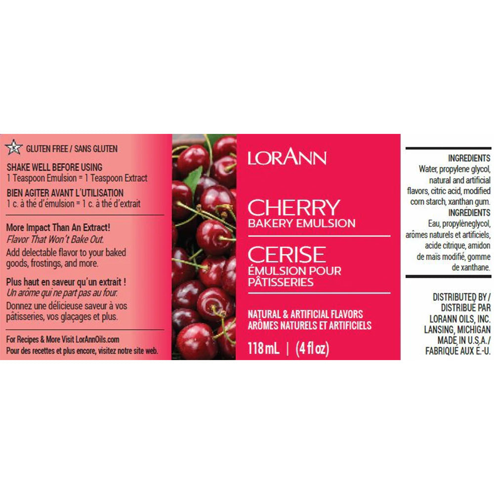 Cherry Bakery Emulsion label by LorAnn with a close-up image of fresh red cherries. Text includes gluten-free designation and French translation. Designed for use in cookies, cupcakes, and icing.