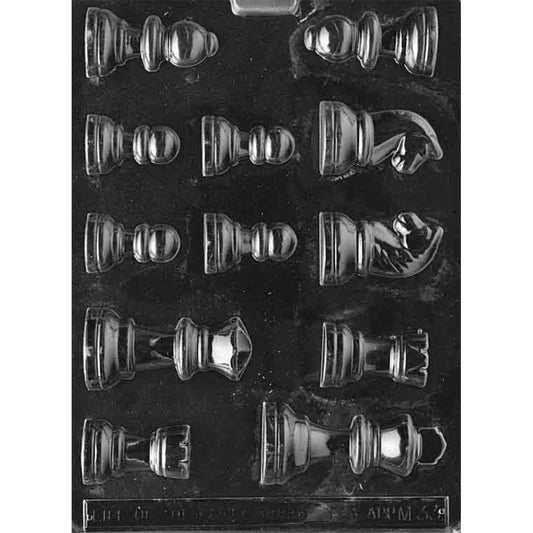Clear plastic chocolate mold with 12 chess piece cavities, including one king, one queen, two rooks, two knights, and six pawns with raised details.