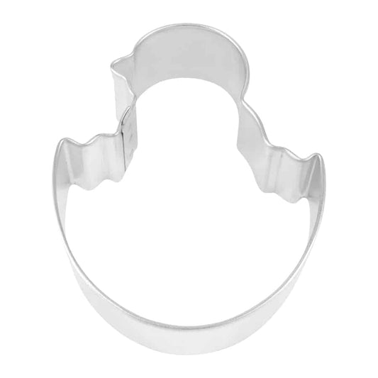 Metal chick in egg cookie cutter with a rounded top for the chick’s head and a jagged bottom edge for the eggshell.
