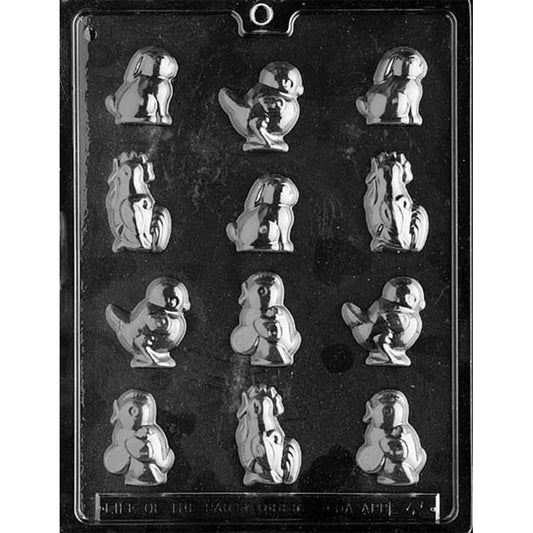 Clear plastic chocolate mold with assorted small Easter figures, including baby chicks, bunnies, roosters, and a chick holding a small banjo-like instrument, arranged in multiple cavities.